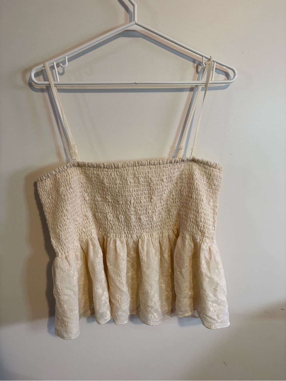 American Eagle Outfitters Cream Smocked Lace Peplum Cami Top